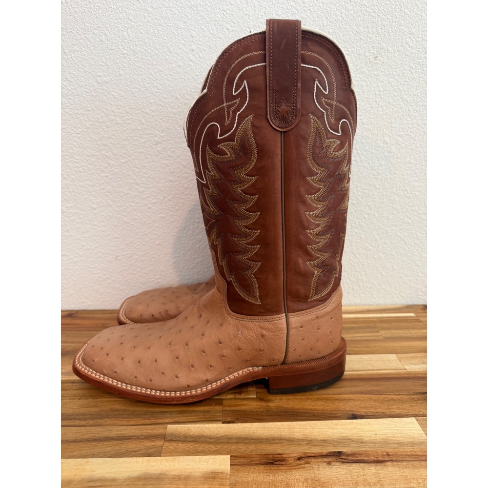 Tony Lama San Saba Full Quill Ostrich Western Boots Brown Tan Square Toe 10.5 EE
